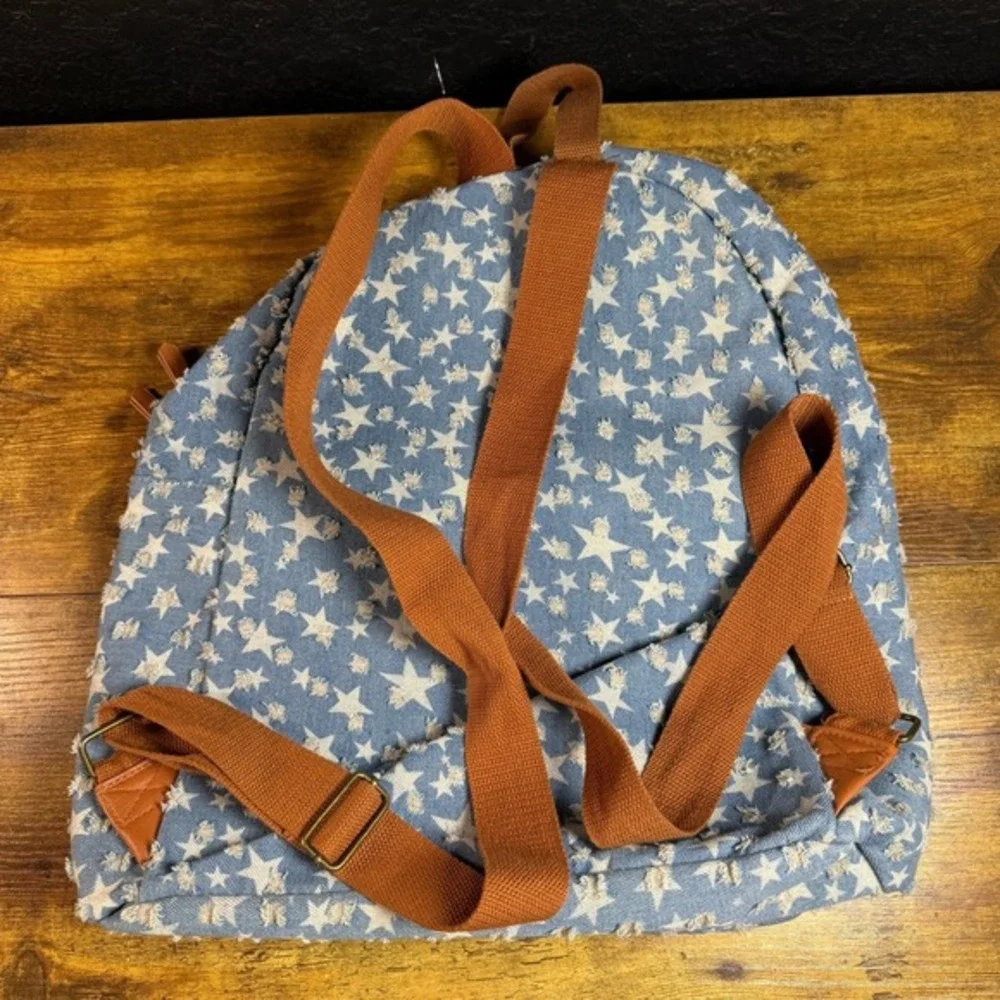 Rampage Star Print Distressed Blue Denim Faux Leather Trim Backpack‎ OS